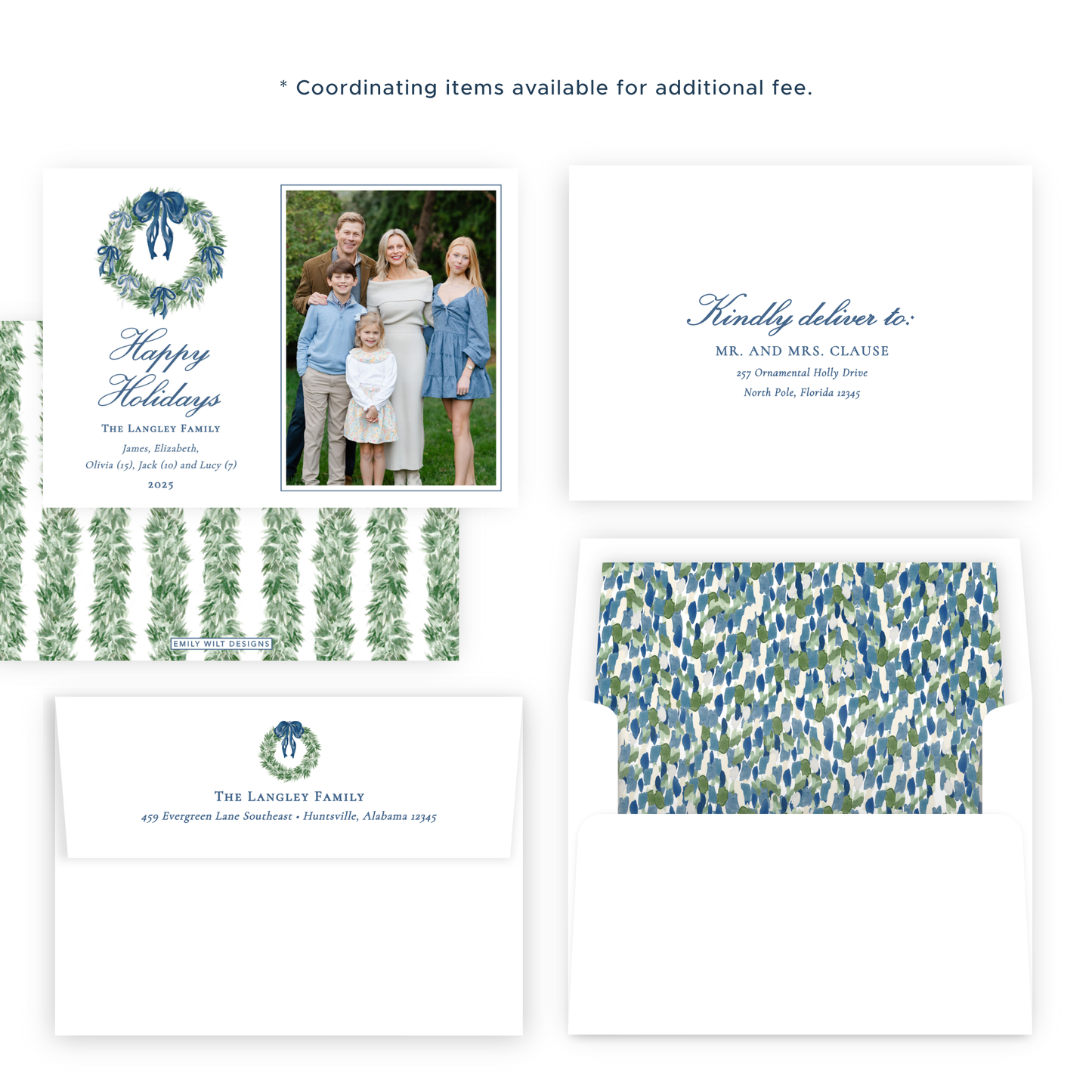 Christmas Photo Card - Tied with a Bow Decorated Wreath, Blue - Landscape