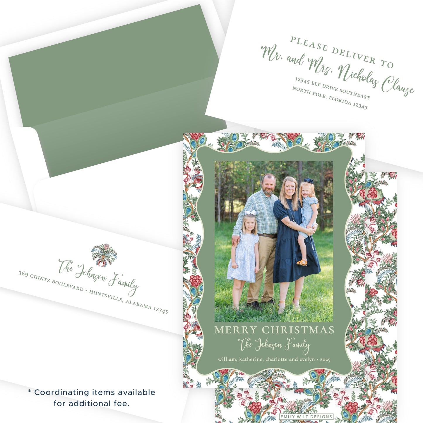 Christmas Photo Card - Chintz Elegance, Green (Portrait)
