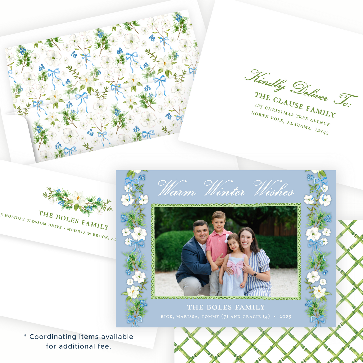 Christmas Photo Card - Holiday Blossoms, Blue - Landscape