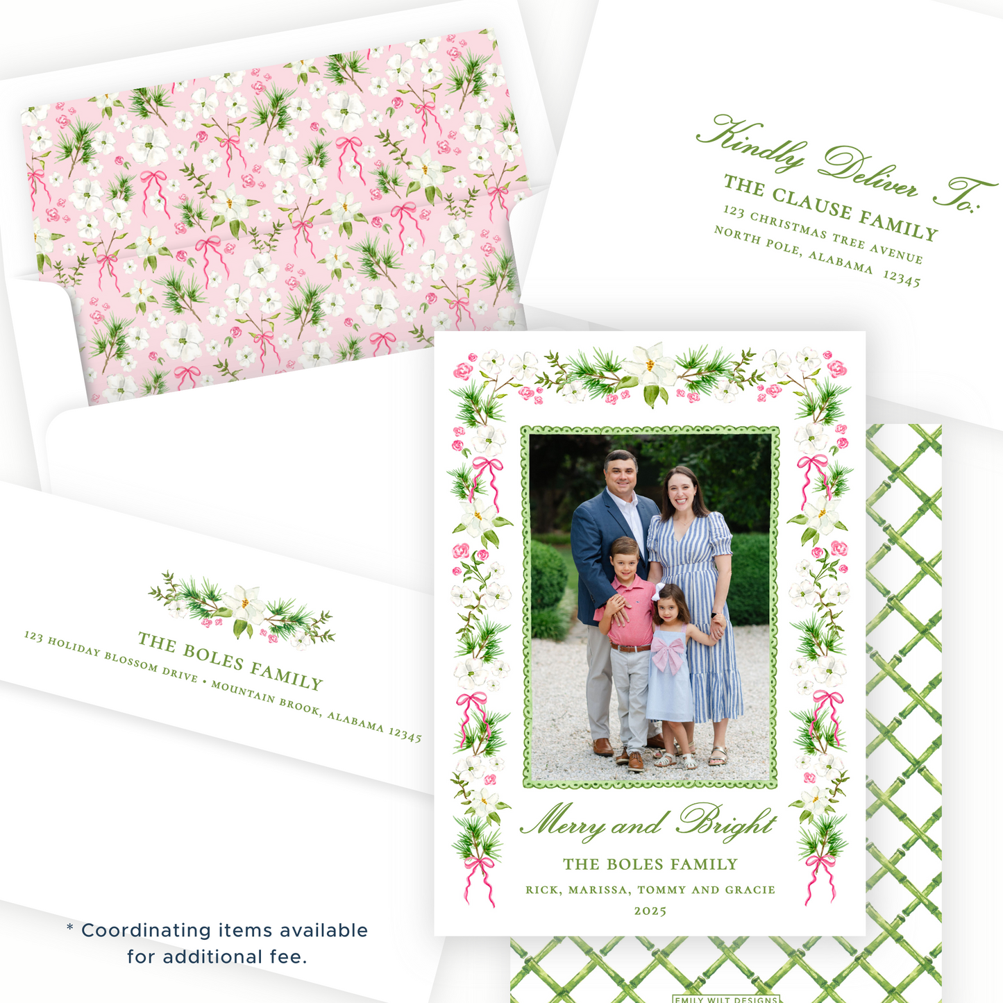 Christmas Photo Card - Holiday Blossoms, Pink - Portrait