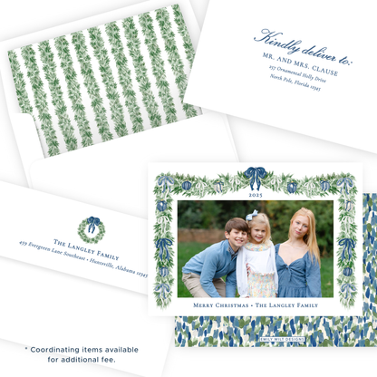 Christmas Photo Card - Tied with a Bow Garland, Blue - Landscape