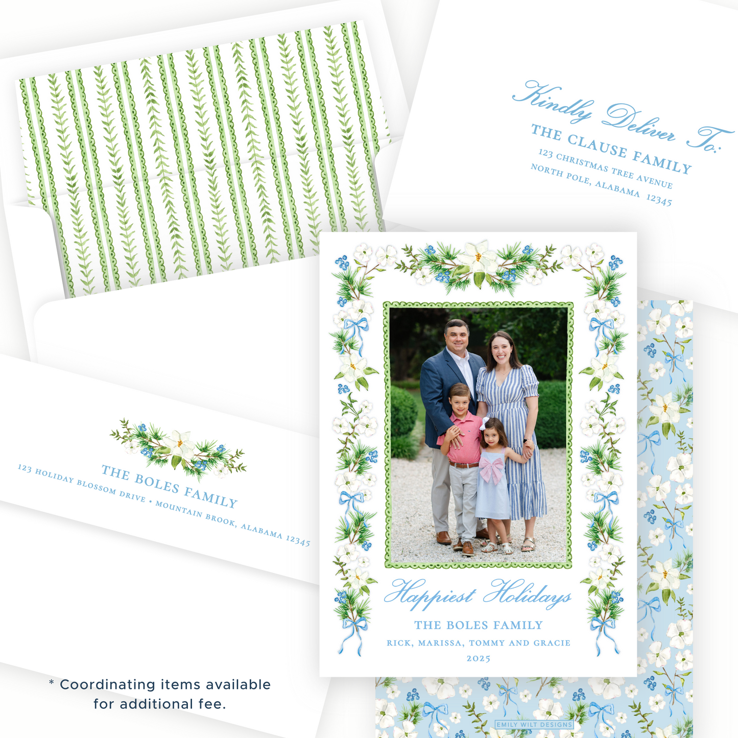Christmas Photo Card - Holiday Blossoms, Light Blue - Portrait