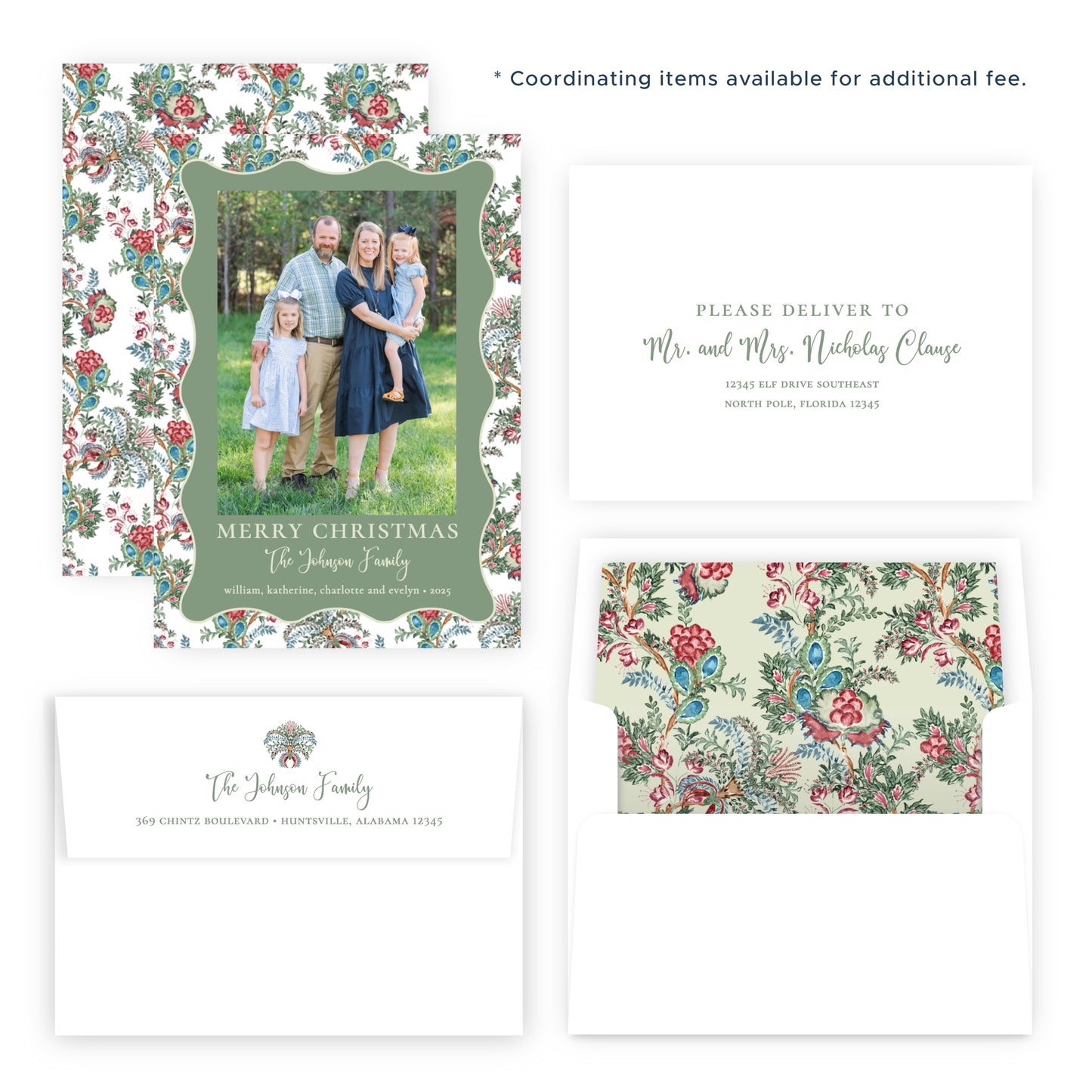 Christmas Photo Card - Chintz Elegance, Green (Portrait)