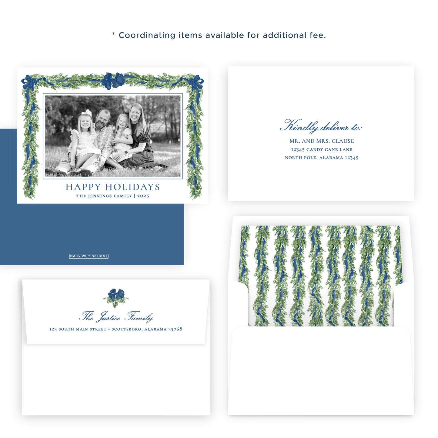 Christmas Photo Card - Big Bow Garland, Navy (Landscape)