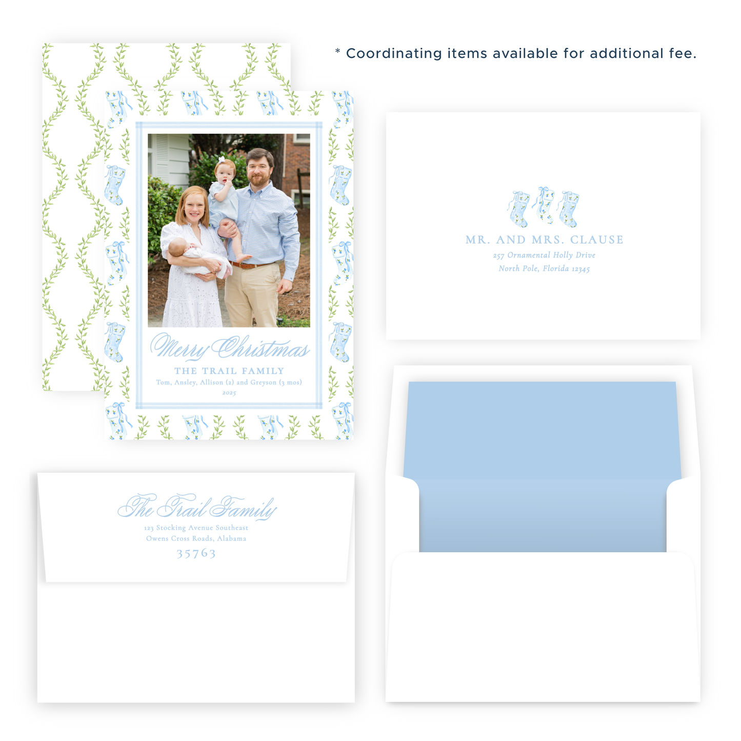 Christmas Photo Card - Delicate Stockings, Blue - Portrait