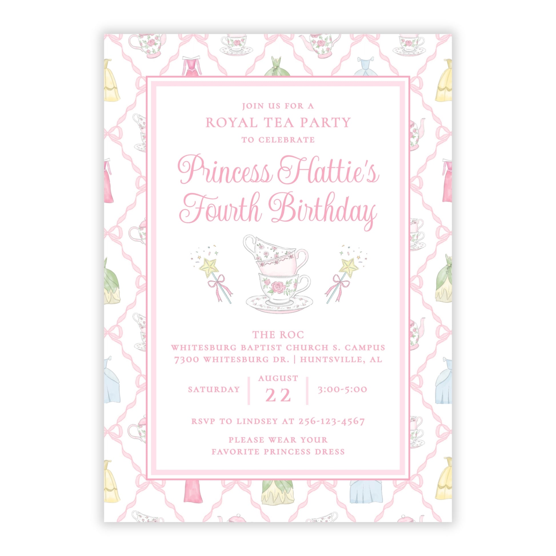 A pink and white tea party themed birthday invitation card fit for a princess, featuring elegant script text, a teacup illustration, and a decorative border with pastel teapot motifs in watercolor style.