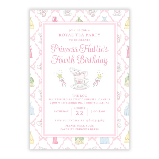 A pink and white tea party themed birthday invitation card fit for a princess, featuring elegant script text, a teacup illustration, and a decorative border with pastel teapot motifs in watercolor style.