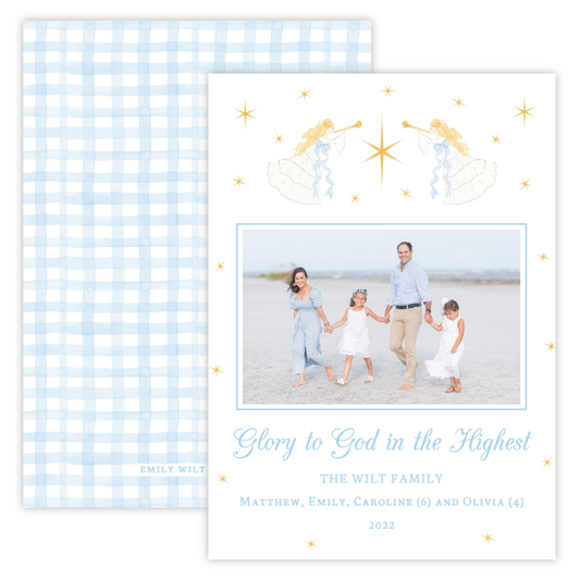 Christmas Photo Card - Grandmillennial Trumpeting Angels (Landscape Photo)