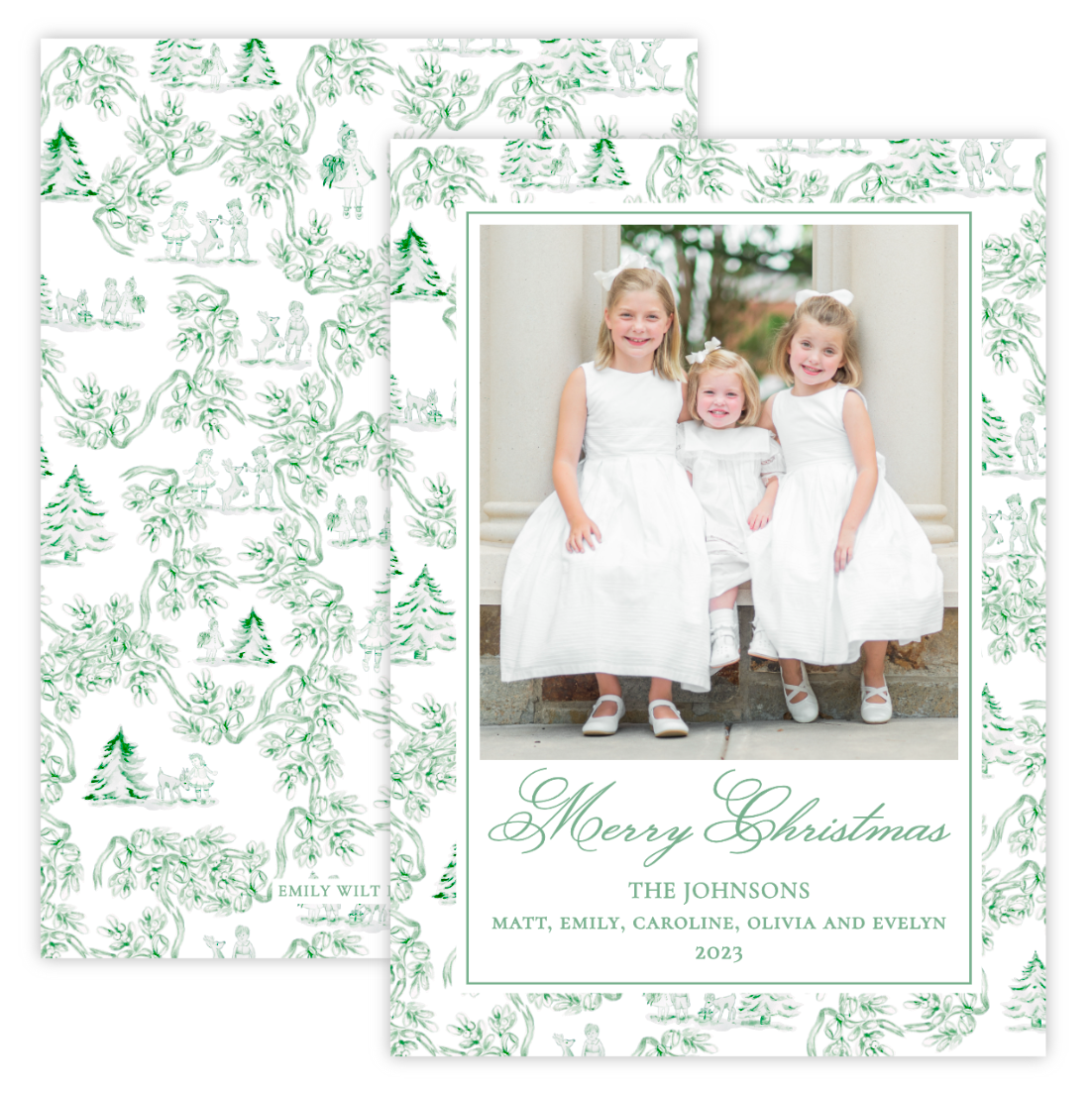 Christmas Photo Card - Holiday Toile, Green (Portrait)