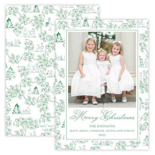 Christmas Photo Card - Holiday Toile, Green (Portrait)
