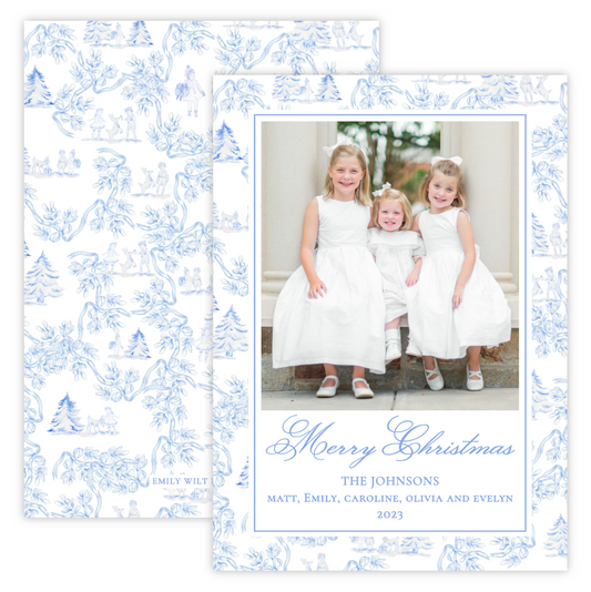 Christmas Photo Card - Holiday Toile, Blue (Portrait Photo)