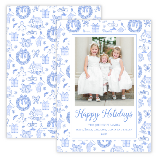 Christmas Photo Card - Snow Much Fun Toile, Blue (Portrait)
