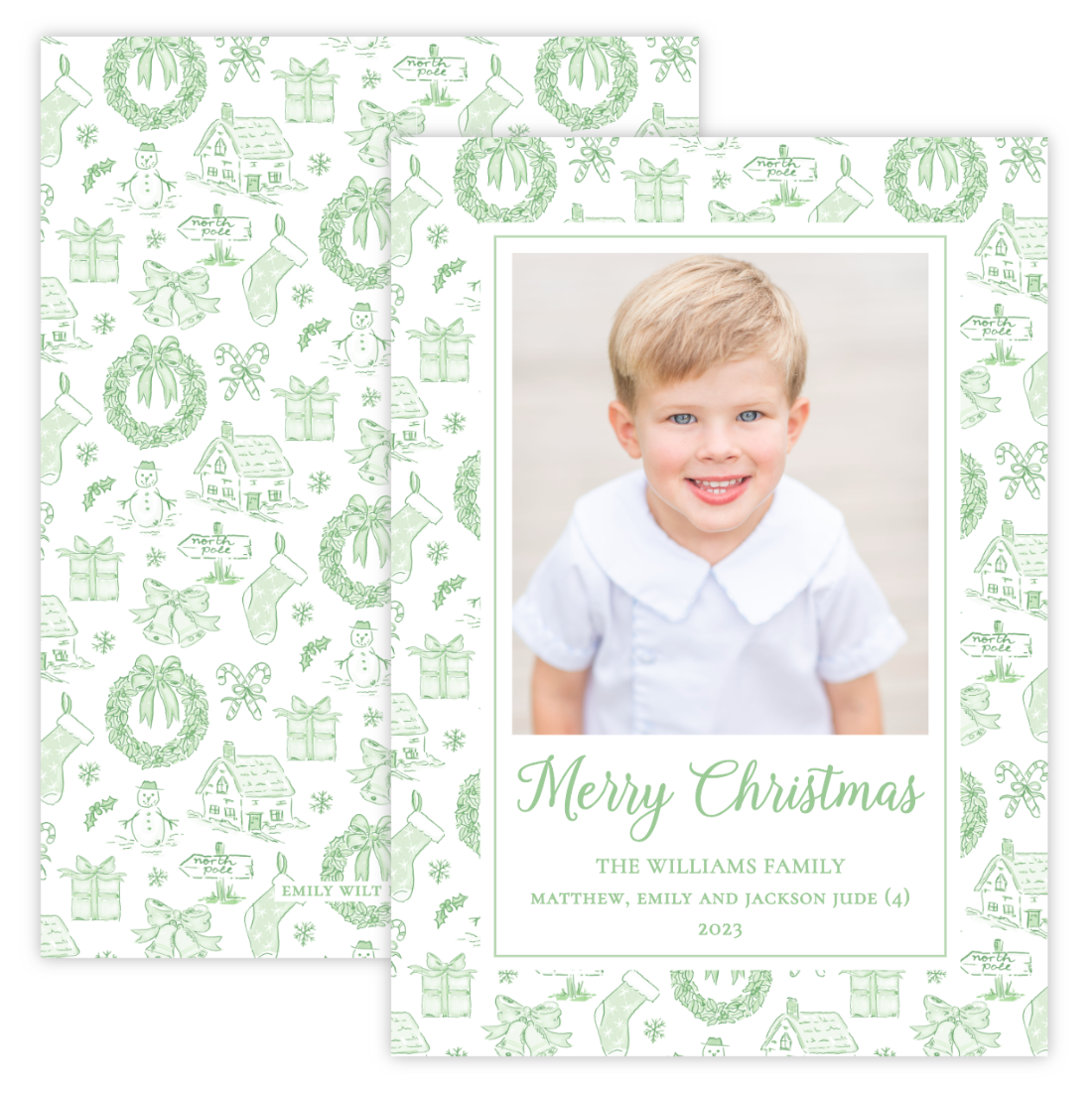 Christmas Photo Card - Holiday Toile, Green (Portrait)