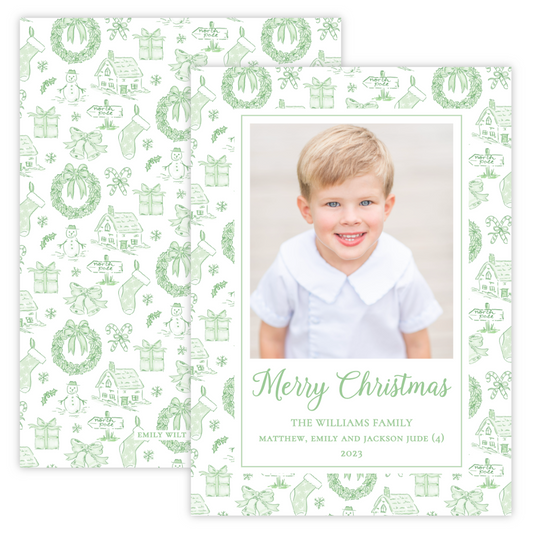 Christmas Photo Card - Holiday Toile, Green (Portrait)