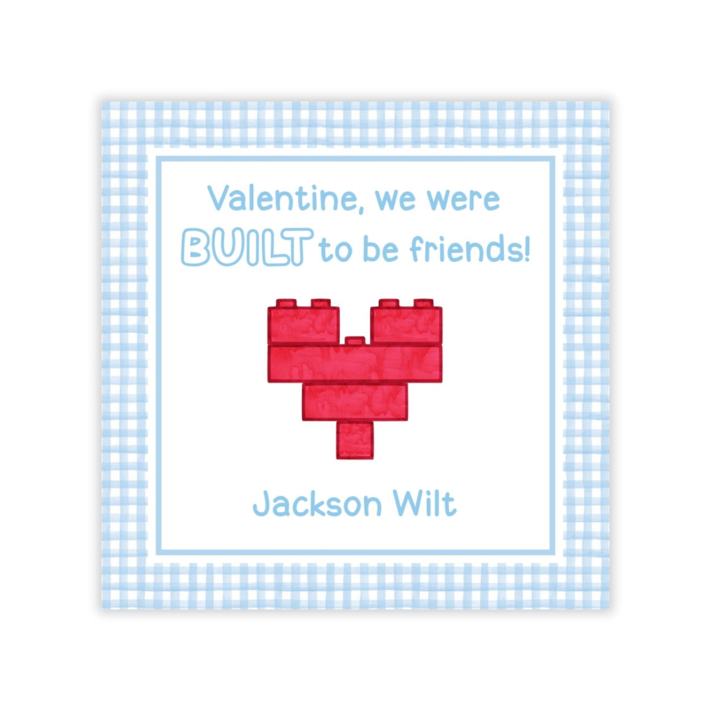 The image is a Valentine's Day card with a heart-shaped LEGO brick design and a message about being friends.
