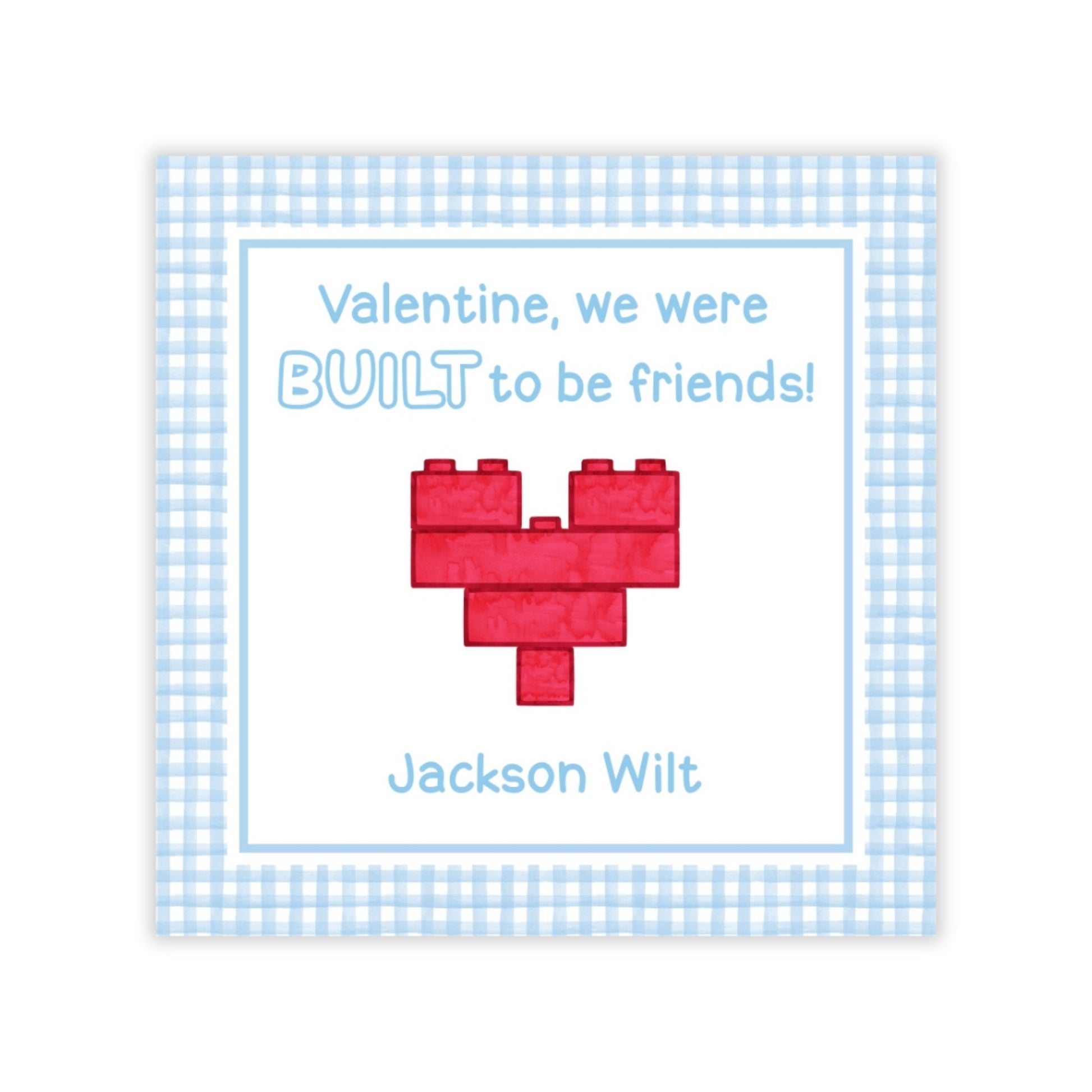 The image is a Valentine's Day card with a heart-shaped LEGO brick design and a message about being friends.