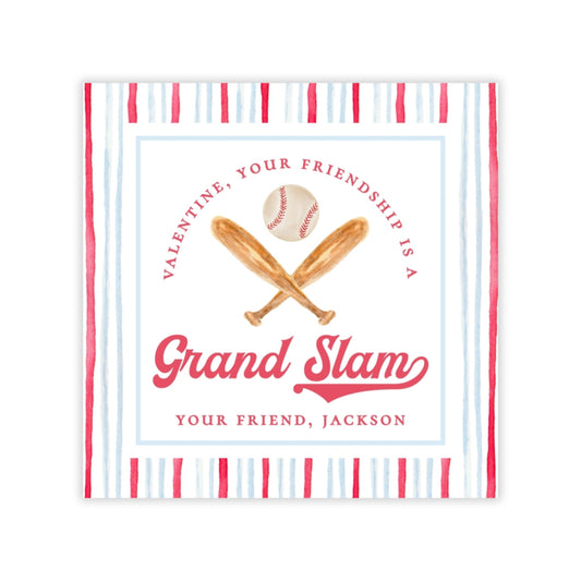 a baseball bat and ball, with the text "Valentine, Your Friendship is a Grand Slam" and "Your Friend, JACKSON" written around the image.