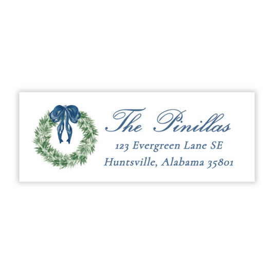 Christmas Address Labels - Tied with a Bow Wreath, Blue