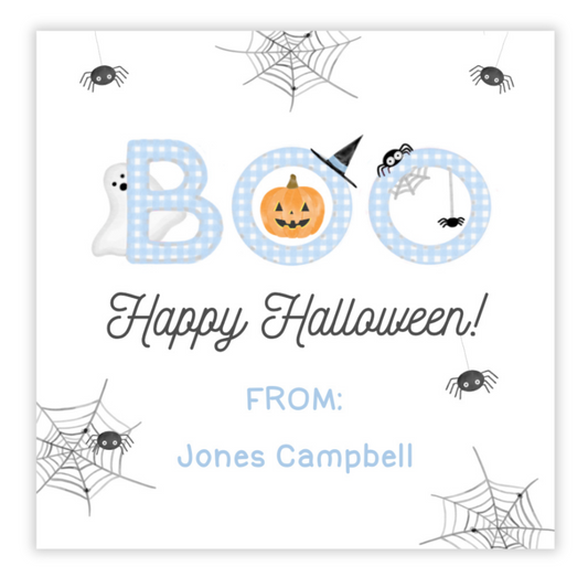 Personalized BOO Halloween favor tag with blue gingham letters, pumpkin, ghost, spider webs, and witch hat. Printed tags with free shipping.