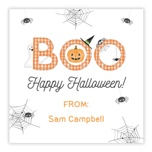 Printable BOO Halloween favor tag with orange gingham letters, pumpkin, ghost, spider webs, and witch hat. 