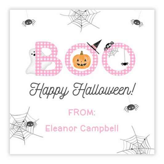 Personalized BOO Halloween favor tag with pink gingham letters, pumpkin, ghost, spider webs, and witch hat. Printed tags with free shipping.