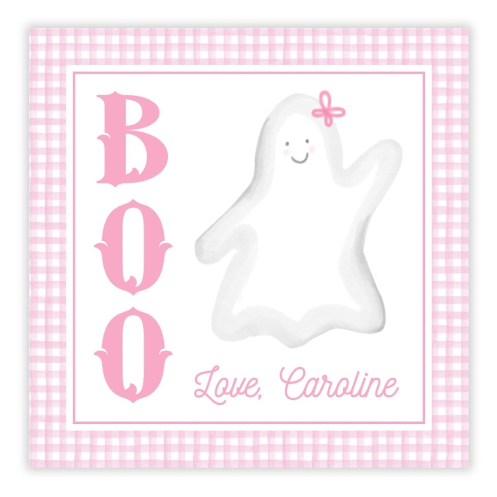 A personalized gift tag with 'BOO' and a ghost illustration, with the name 'Caroline' printed on it, set against a pink checkered background.