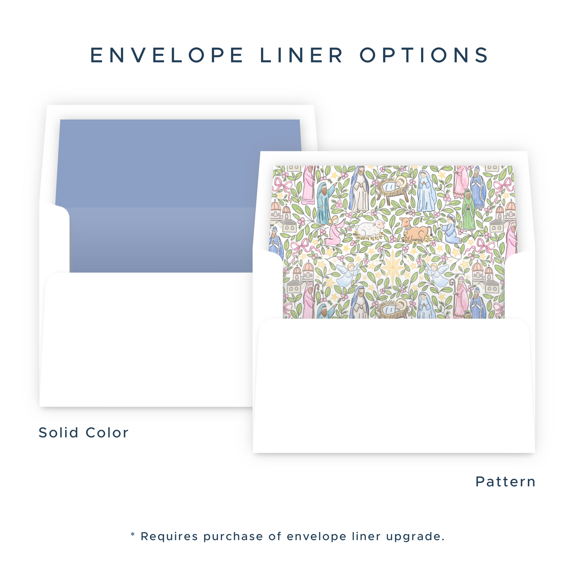 two different types of envelope liners, one solid color and one patterned, with text indicating the options available for purchase.