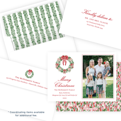 Christmas Photo Card - Tied with a Bow Decorated Wreath - Landscape