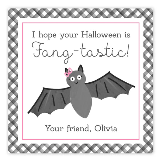A personalized Halloween gift tag with a watercolor design of a bat, pink background, and customizable text for a friend's name and message.