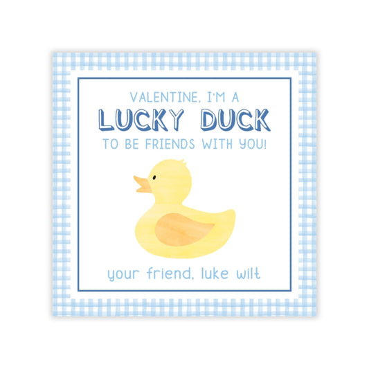 The image is a Valentine's Day card with a duck illustration. The text on the card reads, "Valentine, I'm a LUCKY DUCK to be FRIENDS with you!" and "your friend, luke wilt".