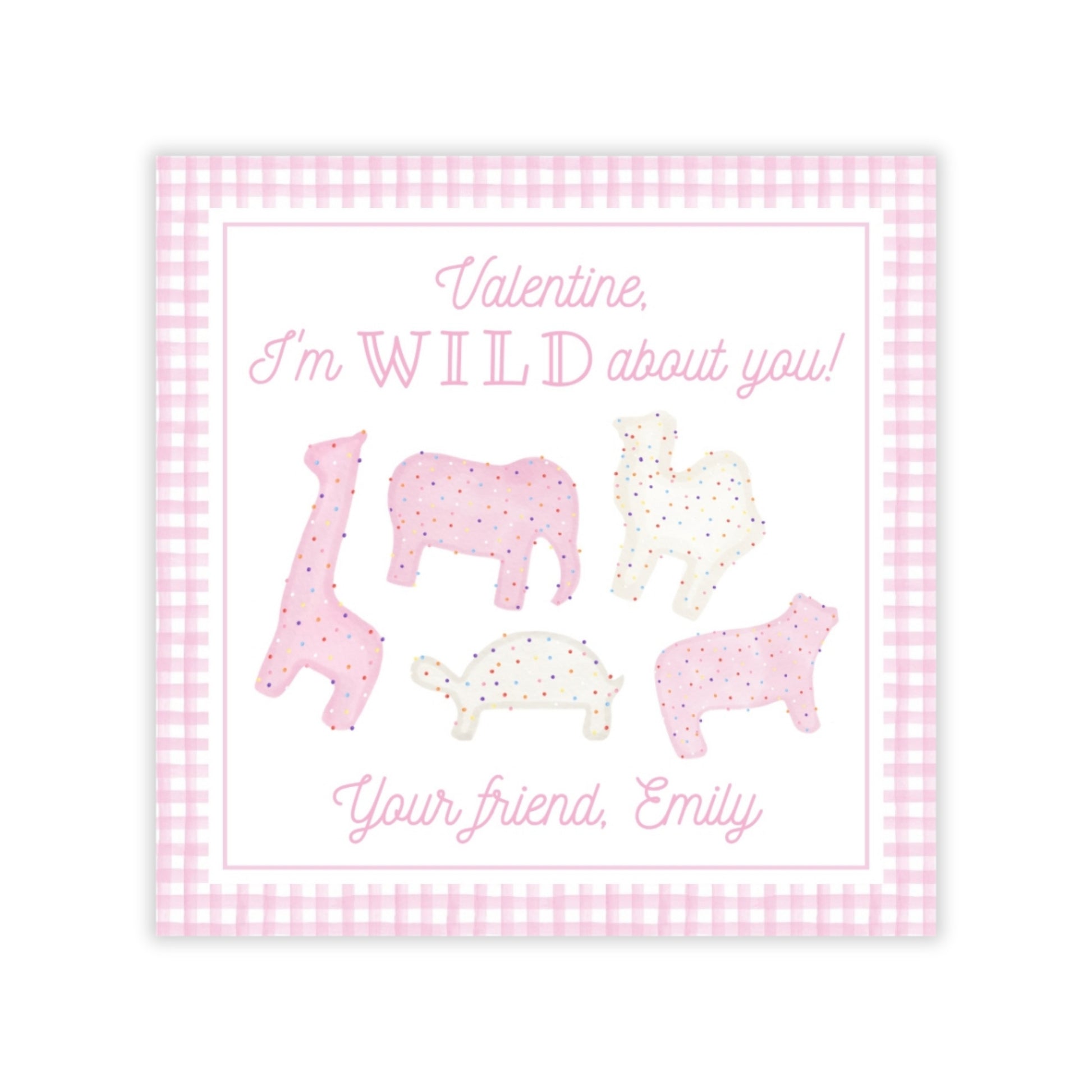 The image is a Valentine's Day card with a pink and white checkered border. It features silhouettes of various animals, including a giraffe, elephant, and turtle, along with the text "Valentine, I'm WILD about you! Your Friend, Emily".