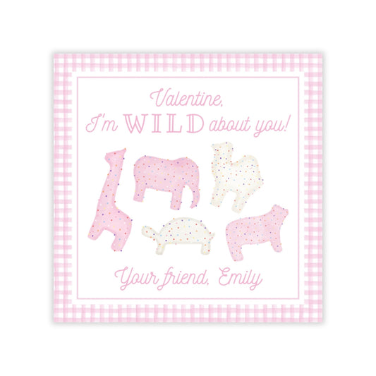 The image is a Valentine's Day card with a pink and white checkered border. It features silhouettes of various animals, including a giraffe, elephant, and turtle, along with the text "Valentine, I'm WILD about you! Your Friend, Emily".