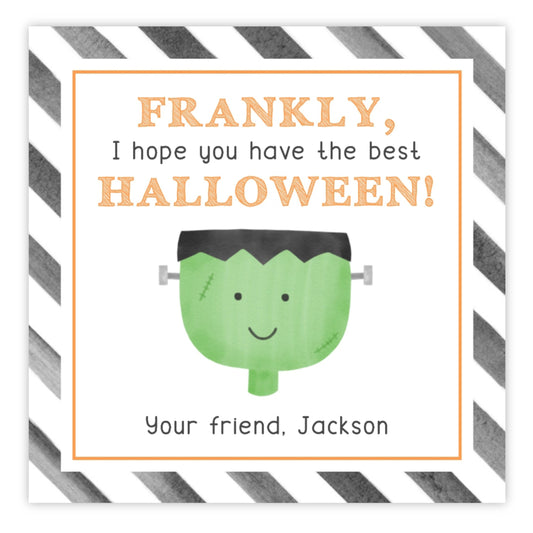 A personalized gift tag with a Frankenstein design, featuring a green and black color scheme, with a message that reads 'Frankly, I hope you have the best Halloween! Your friend, Jackson'.