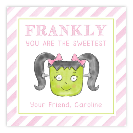 Kids Halloween Tags or Stickers - Frankenstein (Pink)