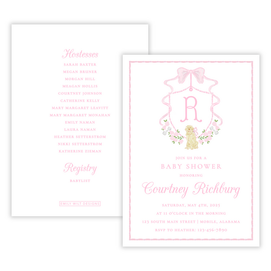Printed pink baby shower invitation with golden retriever, crest monogram, floral details, and ribbon – free shipping included