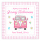 A personalized gift tag with a pink 'Groovy Halloween' van illustration, decorated with flowers, hearts, and a custom message for a friend.