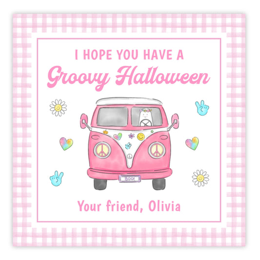 A personalized gift tag with a pink 'Groovy Halloween' van illustration, decorated with flowers, hearts, and a custom message for a friend.