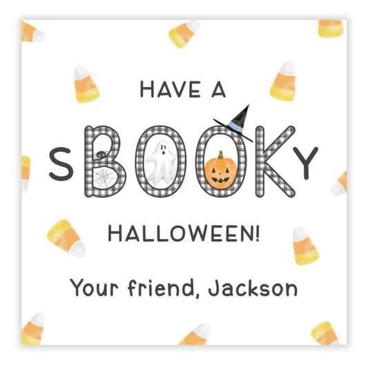 have a sBOOKy halloween gift tags for kids with personalized name
