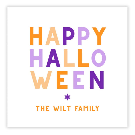 Colorful 'Happy Halloween' text with a star and 'The Wilt Family' at the bottom on a white background.