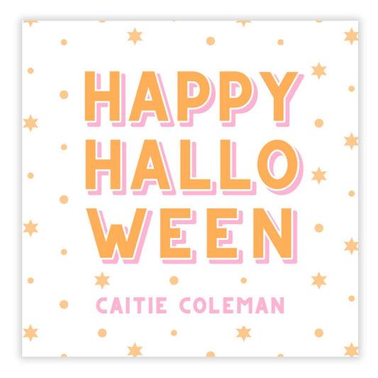 Happy Halloween card with pink and orange text on a white background with star patterns