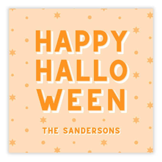 Happy Halloween card with 'The Sandersons' on a peach background with star patterns