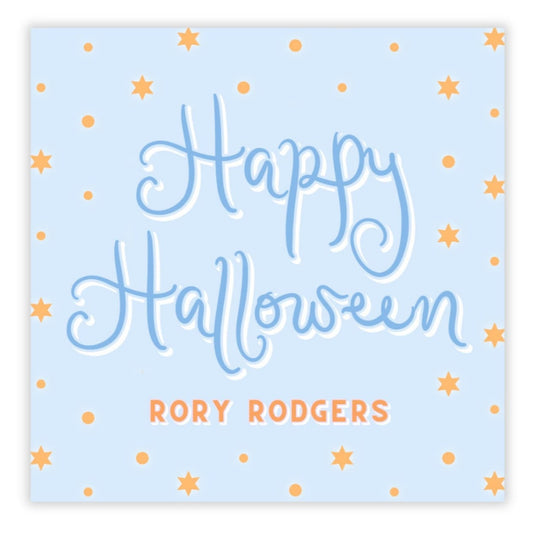 Happy Halloween card with 'Rory Rodgers' on a light blue background with star patterns