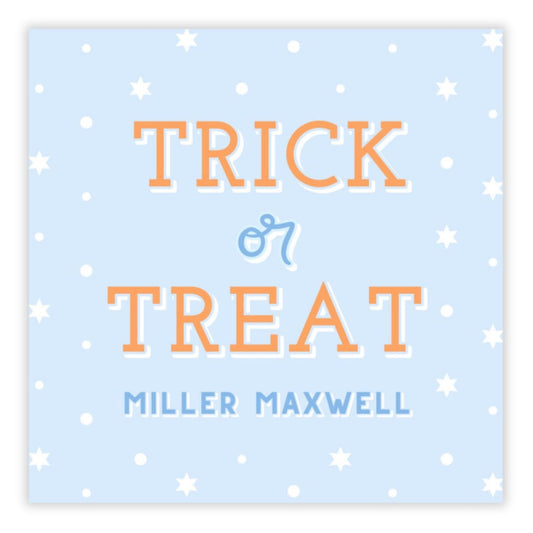 Blue card with 'Trick or Treat' text and star patterns on a white background
