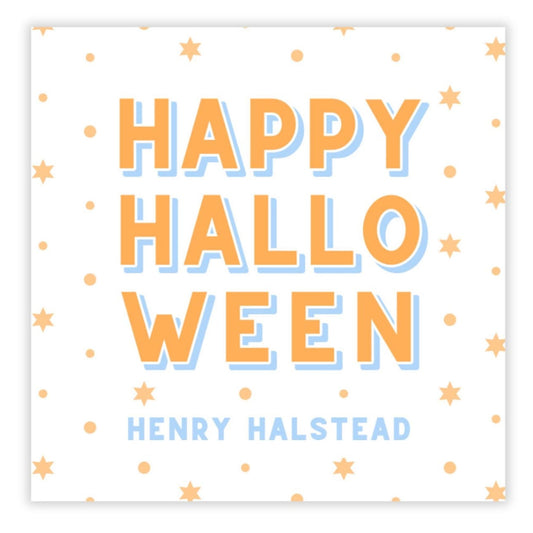 Happy Halloween greeting card with star patterns on a white background