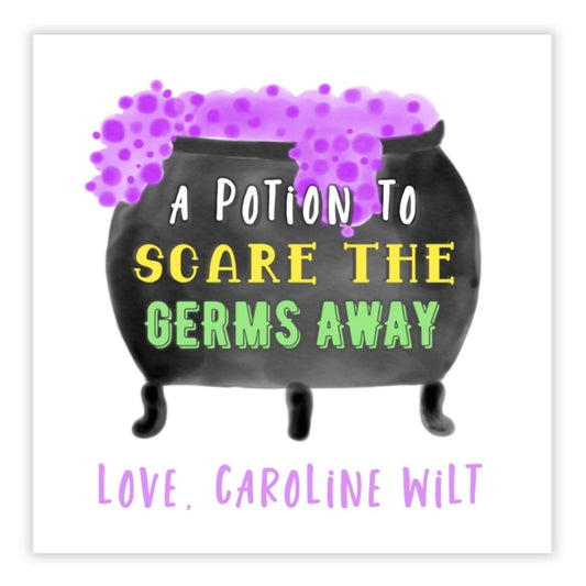 A personalized gift tag with a watercolor design of a cauldron filled with purple flowers, labeled 'A Potion to Scare the Germs Away' with a signature line at the bottom.
