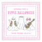 A personalized Halloween gift tag with a 'Hippie Halloween' theme, featuring watercolor illustrations of three ghosts with decorations, one of which is playing a guitar. The tag has a pink background and includes a personalized message for 'Your Friend Olivia'.