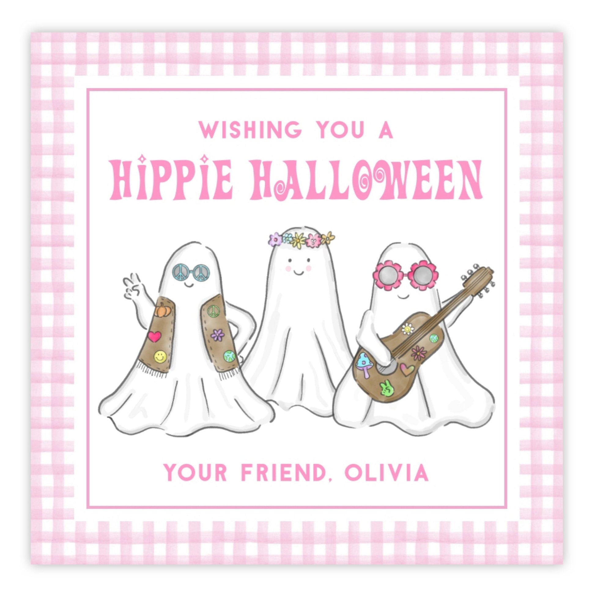 A personalized Halloween gift tag with a 'Hippie Halloween' theme, featuring watercolor illustrations of three ghosts with decorations, one of which is playing a guitar. The tag has a pink background and includes a personalized message for 'Your Friend Olivia'.