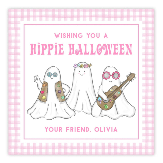 A personalized Halloween gift tag with a 'Hippie Halloween' theme, featuring watercolor illustrations of three ghosts with decorations, one of which is playing a guitar. The tag has a pink background and includes a personalized message for 'Your Friend Olivia'.