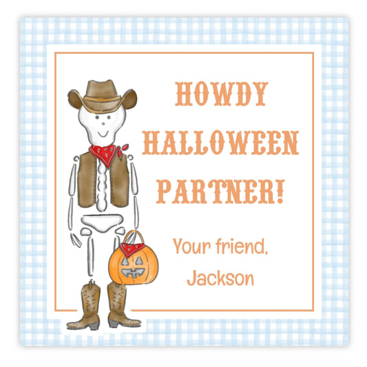 Kids Halloween Tags or Stickers - Howdy Skeleton (Blue)