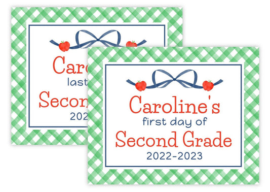Personalized First & Last Day of School Sign | Double-Sided Photo Prop | Apple Bow (Green)